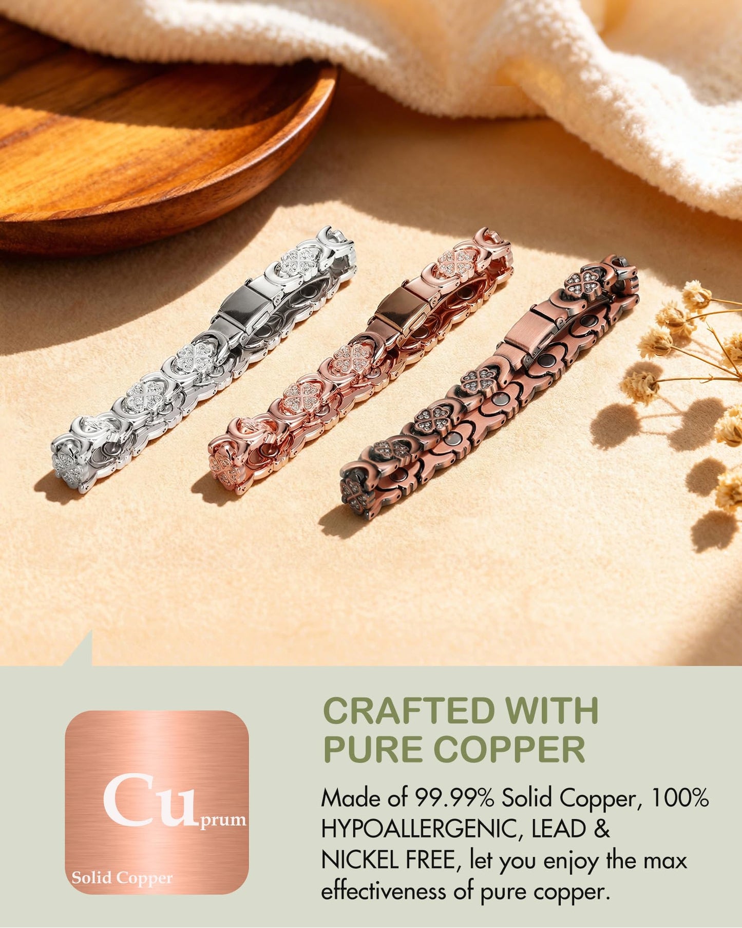 Feraco Pure Copper Bracelets for Women, Ultra Strength Magnetic Bracelet for Women with 3800 Gauss Magnet & Sparkling Cubic Zirconia, Copper Jewelry Gift, Infinite Clover (Copper)