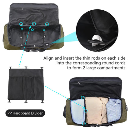 Vrtisa 110L Expandable to 140L 32” Foldable Oxford Soft-Sided Rolling Duffle Bag with 2 Heavy-Duty Wheels,2 Large Compartments,Adjustable Shoulder Strap and Attached Organizer Pouch,Green