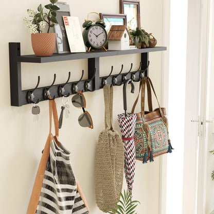 AMBIRD 34.2" Extra Long Wooden Wall Hook Rack with Shelf - Versatile and Decorative Wall-Mounted Storage with 10 Hooks for Coats, Hats, Keys - Ideal for Entryways, Bedrooms, Closets (Stylish Black)