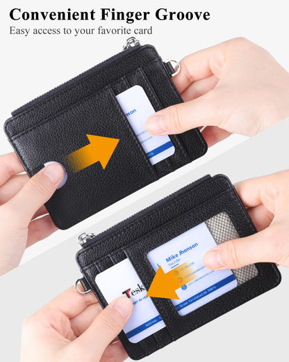 Teskyer Slim Card Holder Wallet with Zip Pocket, RFID Blocking, Total 9 Compartments Large Capacity, 3.5" x 4.7" (Slight Larger Than Usual), Faux Leather - Black
