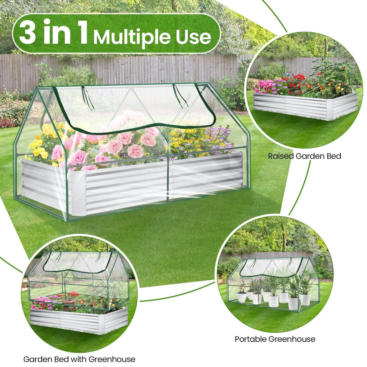 SEJOV 6x3x1ft Galvanized Raised Garden Bed with Cover & 2 Large Windows, Mini Greenhouses for Outdoors, Metal Planter Box Kit for Vegetables Flowers Herbs, 1 Pair of Gloves Included, Clear