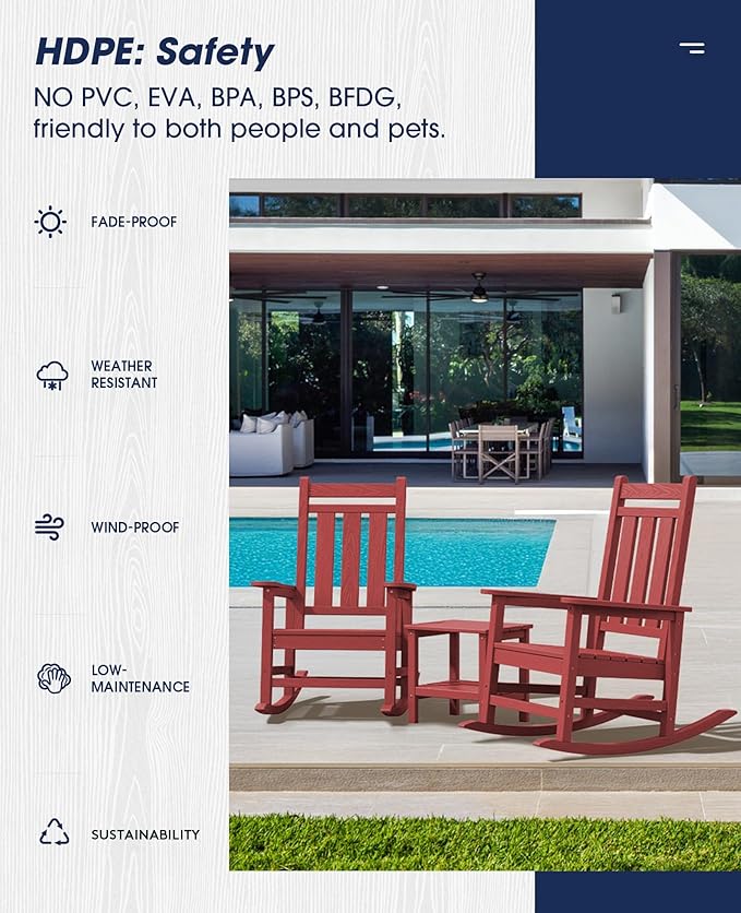 KINGYES Oversized Outdoor Rocking Chair Set of 4, All-Weather Patio Rocking Chairs for Porch, HDPE Outdoor Patio Rockers with High Back & Wide Seat for Garden, Lawn, Red