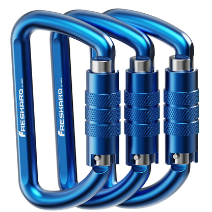 FresKaro 3 inch Locking Carabiner Clips-Twist Auto Lock Caribeener, Heavy Duty Keychain Key carabeaner Hooks, 7075 Aerial Aluminum Ultra Light, for Hammock, Hiking, Yoga Swing, Camping, 3pcs, Blue