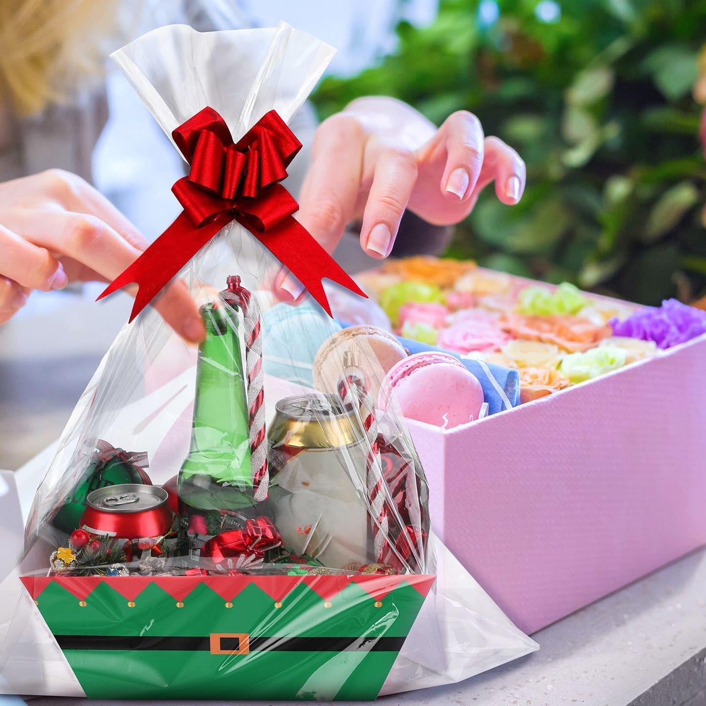 Yeaqee 36 Pcs 12 Pack 8 x 10 Inch christmas Baskets for Gifts Empty Santa Claus Baskets with Bows Ribbons Bulk Thank You Appreciation Gift Box for Holiday Party Favors