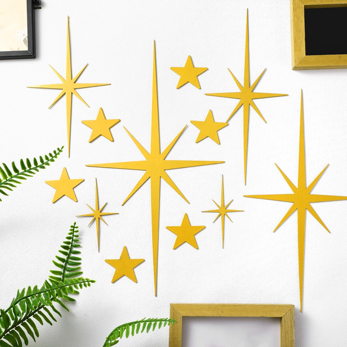 Tandefio 12 Pcs Cast Iron Starburst Wall Decor 8 Pointed Atomic Stars Wall Hangings Mid Century Modern Elegance Accents Easy Install Metal Finish for Home Office Room