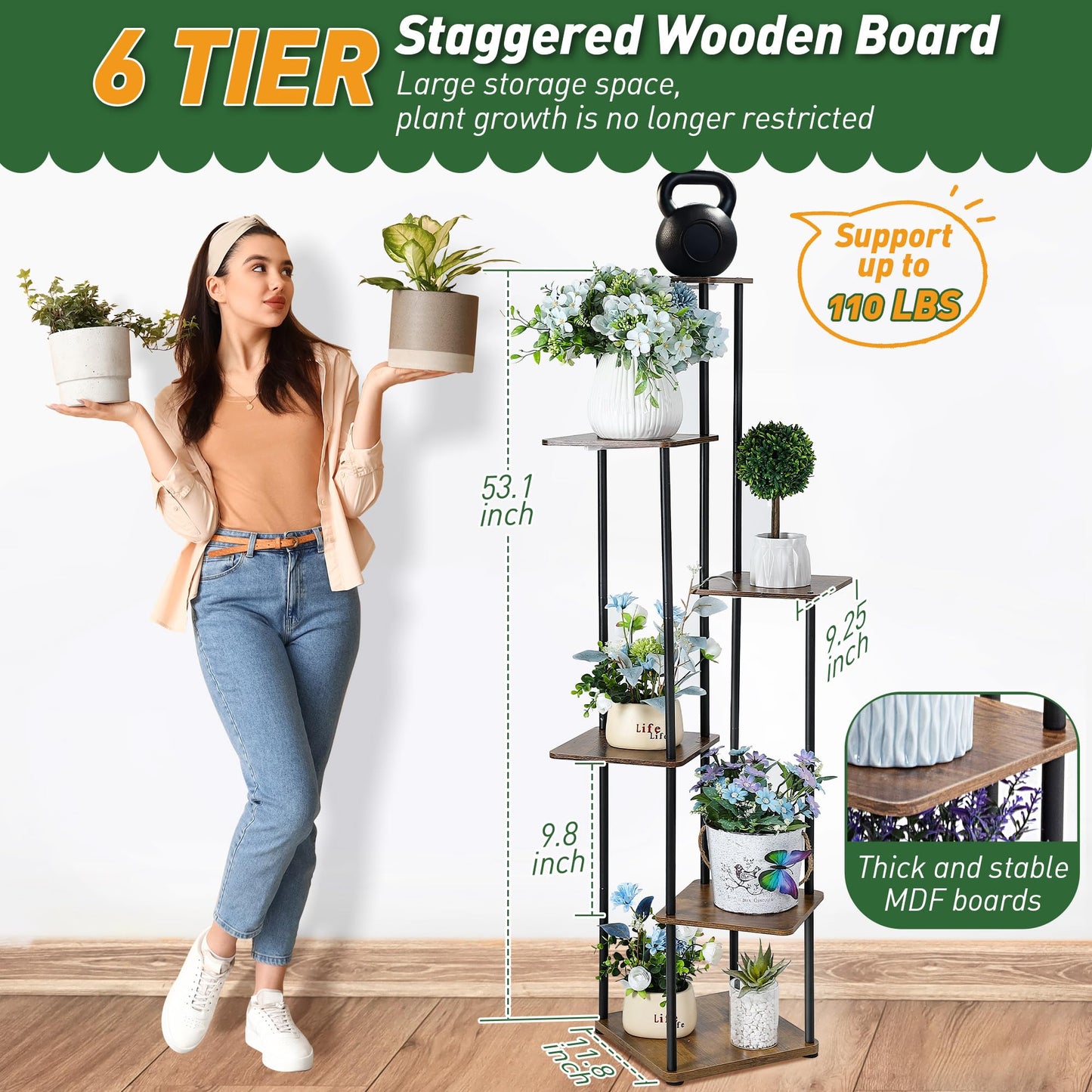 Dreyoo Plant Stand with Grow Light Indoor, 6 Tier 6 Potted Sturdy Metal Plant Shelf, Multiple Plant Holder Tall Plant Ladder for Display Plant Flower Corner Living Room Office (Black, Brown)