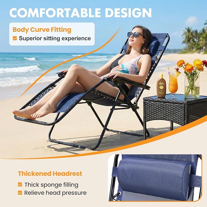 NEWBULIG Zero Gravity Chair Set of 2, Lounge Chair Folding Portable Adjustable Camping Reclining Chairs with Adjustable Pollow, Mesh Back, Cup Holder Trays Lawn Patio Chair for Pool Beach - Blue