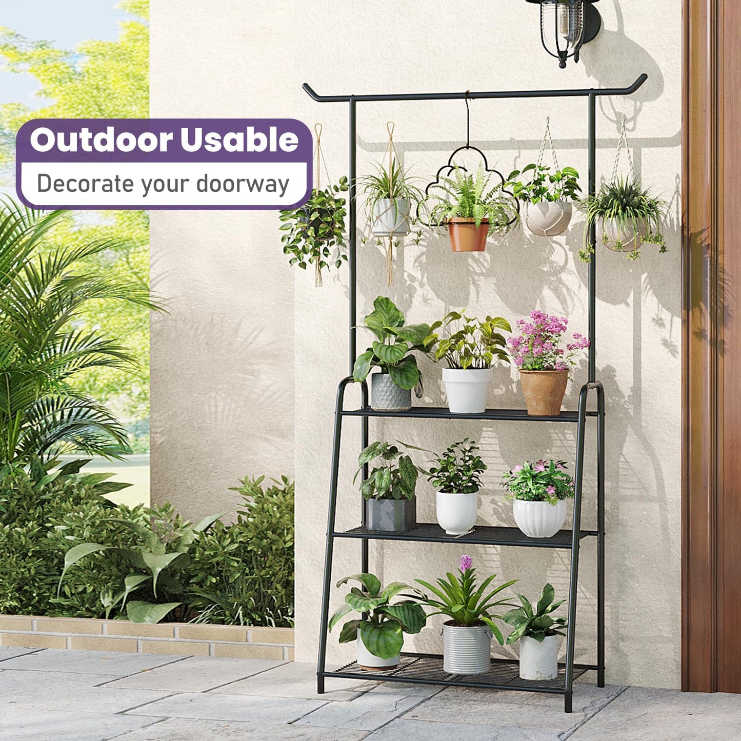 Wieghda Metal Plant Stand Indoor Outdoor, 3 Tier Tall Corner Plant Shelf, Hanging Flower Ladder for Living Room, Balcony, Garden, Patio (Black)