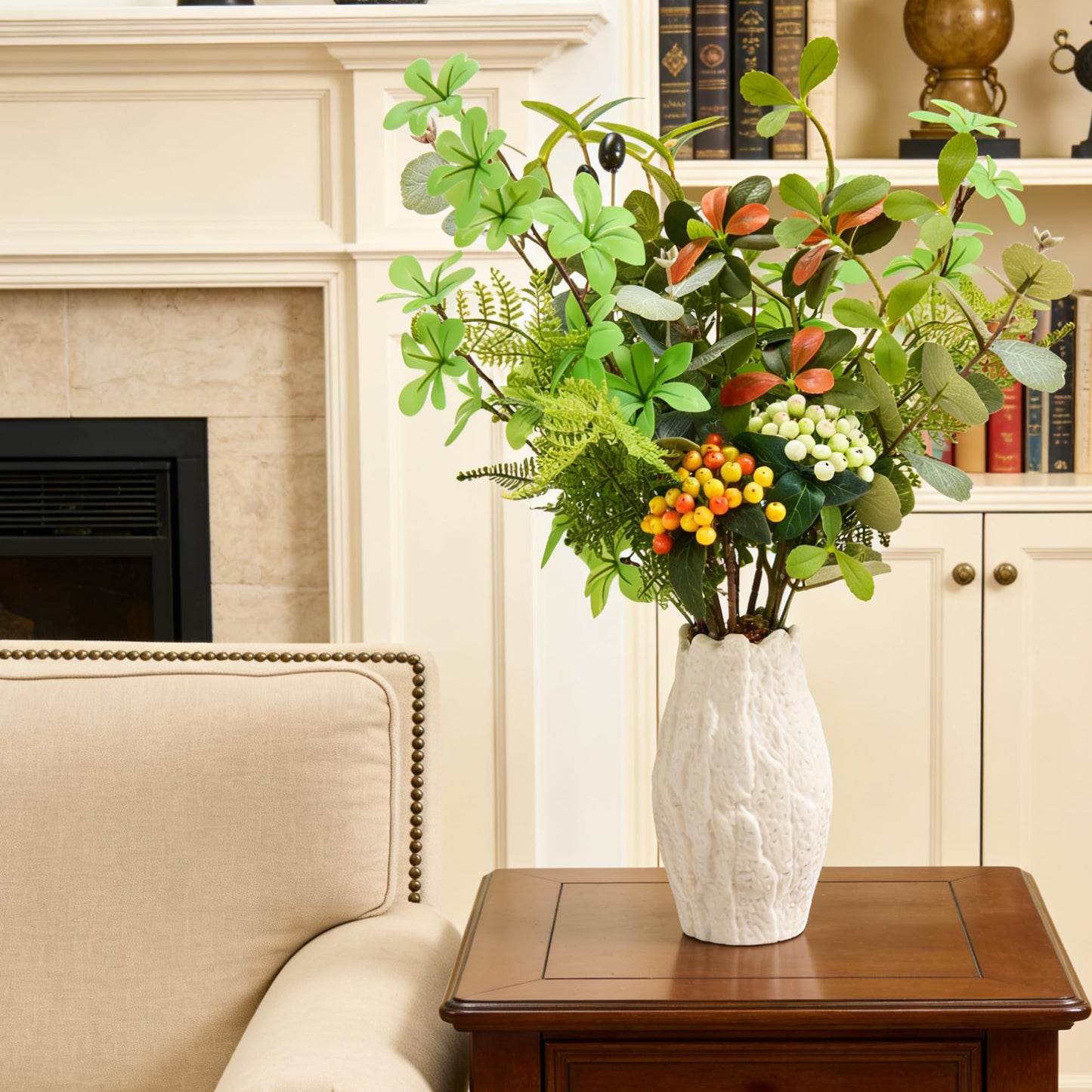 K&Y Realistic Artificial Potted Plants Olive Wild Fern Berry Decor Low Maintenance Faux Greenery Indoor Fake Plants for Home Office Bathroom Kitchen Desk Shelf No Watering Needed (White Vase)