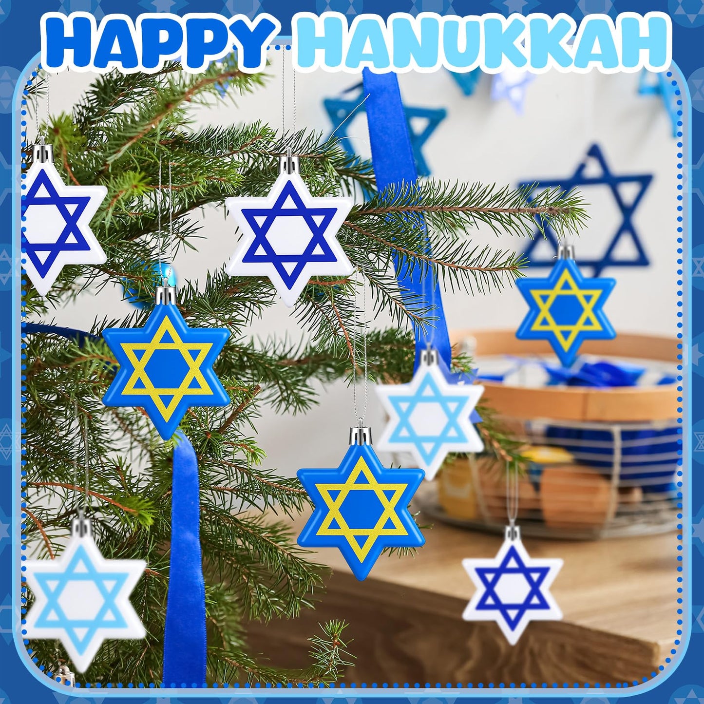 Chunful 24 Pcs Hanukkah Ornaments for Tree Star Hanging Ornaments Shatterproof Star of David Tree Decorations Chanukah Balls Blue and White Jewish Christmas Decorations for Xmas Party Supplies