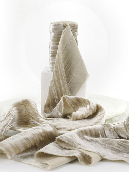 HUIHUANG Taupe Velvet Crinkled Frayed Ribbon - 3 Inch Wide Champagne Fringe for Wreaths, Christmas Tree, Flower Bouquet, Gift Wrapping, Wedding & Bridal Shower Decor