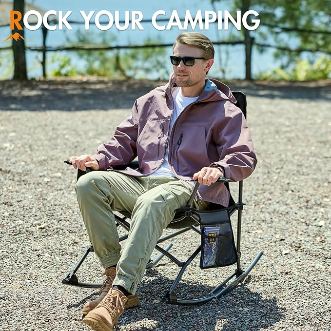 Portal Outdoor Rocking Chair Camping Folding Portable Rocker with Cup Holder Side Pocket Carry Bag, Support 350LBS (Black)