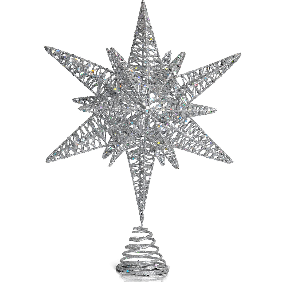 Ornativity Silver Star Tree Topper – Christmas Silver 3D Glitter Star Toppers Ornament Treetop Xmas Trees Top Decoration Holiday Decor 16"
