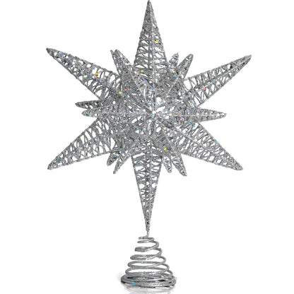 Ornativity Silver Star Tree Topper – Christmas Silver 3D Glitter Star Toppers Ornament Treetop Xmas Trees Top Decoration Holiday Decor 16"