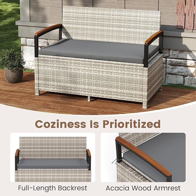 Tangkula 46 Gallon Outdoor Bench with Storage, Outdoor PE Rattan Storage Bench with Cushion, Backrest & Acacia Wood Armrests, Metal Frame, Waterproof Deck Box Seat for Porch Backyard Poolside