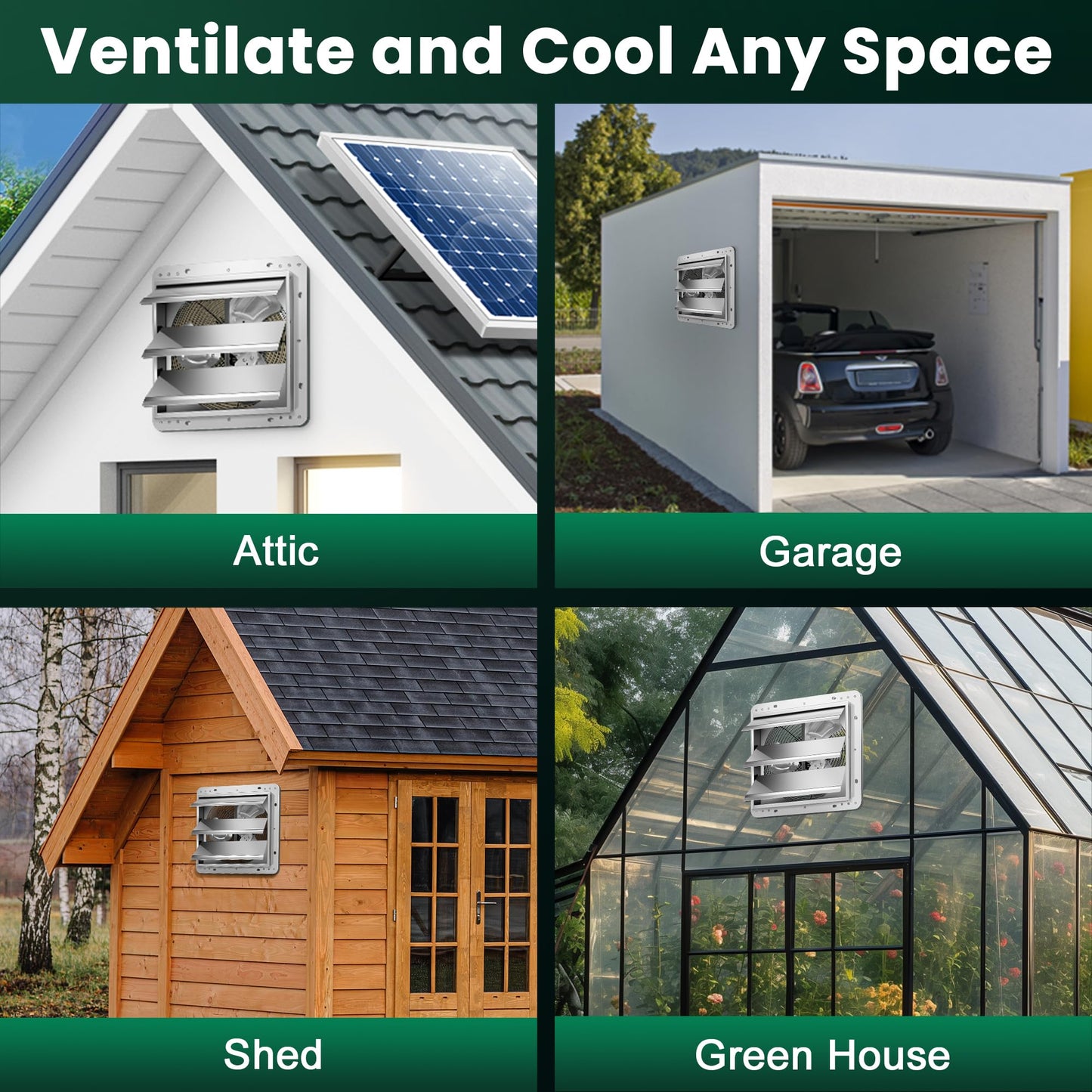 ecoCalm 14" Solar Exhaust Fan for Greenhouse with Battery and Adjustable Thermostat, Attic Fans for Garage and Shed with 2PCS 30W Bifacial Solar Panels