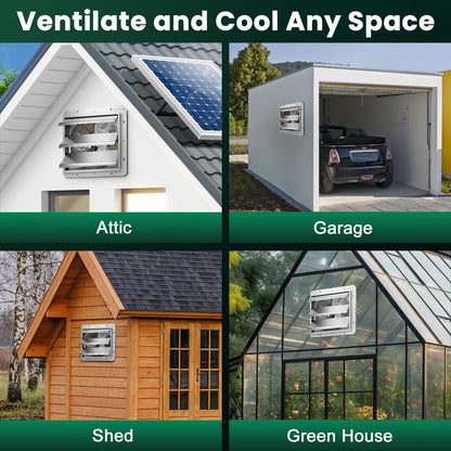 ecoCalm 14" Solar Exhaust Fan for Greenhouse with Battery and Adjustable Thermostat, Attic Fans for Garage and Shed with 2PCS 30W Bifacial Solar Panels