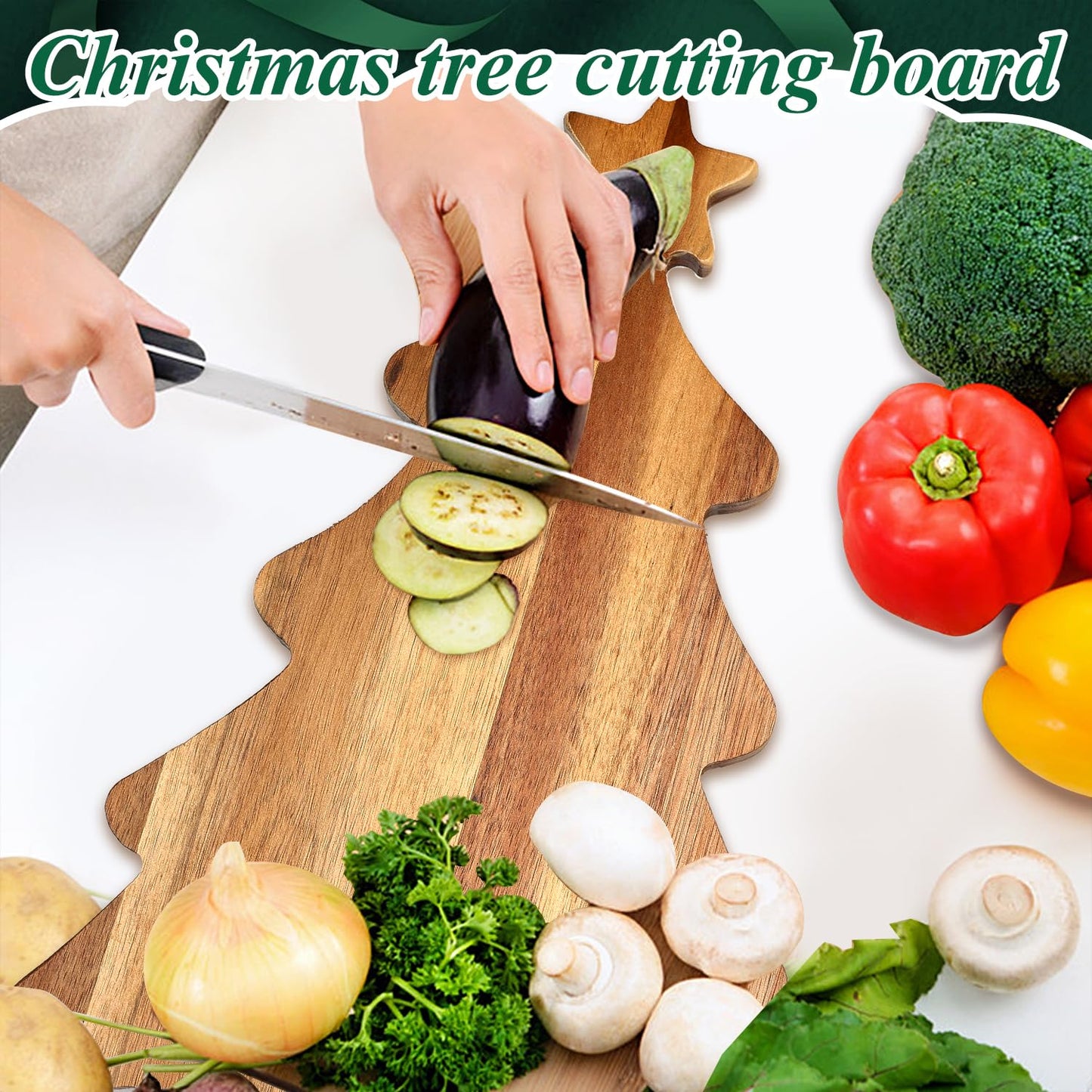 16.5" Wooden Christmas Tree Charcuterie Boards Acacia Wood Cutting Board with Handle Christmas Kitchen Decor Gifts Xmas Serving Cheese Board Festive Decorative Food Tray Holiday Xmas Tree Platters