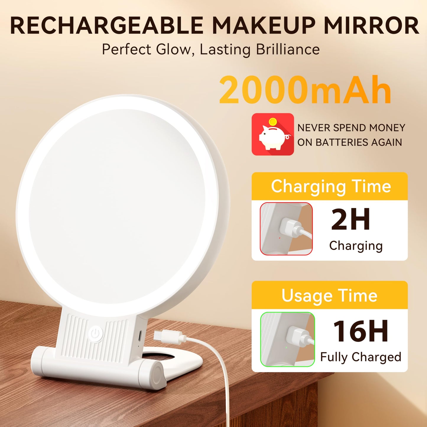Auxmir 30X Magnifying Mirror, Double Sided 1X /30X Makeup Mirror with Light, Folding Lighted Rechargeable Beauty for Travel, Rotating 3 Color Lights, Dimmable Touch Screen