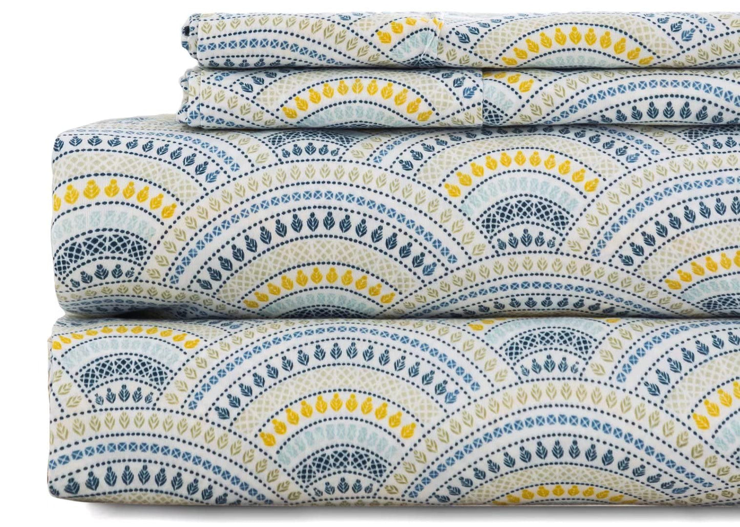 KACEMOO California King Sheet Set 4PC Boho Sheets Pattern Blue Printed Sheets Floral Bed Sheet Cooling Soft 17”Deep Pocket Microfiber Brushed Sheet, Easy Care, Breathable, Wrinkle Free Bed Sheet Set