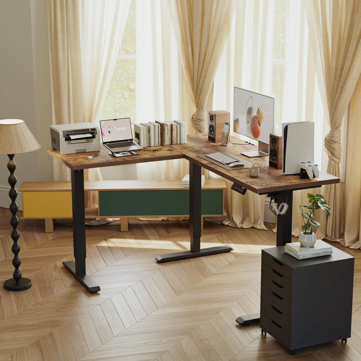 Agilestic 59 Inch L Shaped Standing Desk Adjustable Height, Electric Corner Standing Desk, Sit Stand Computer Table with Splice Board, Rustic Brown
