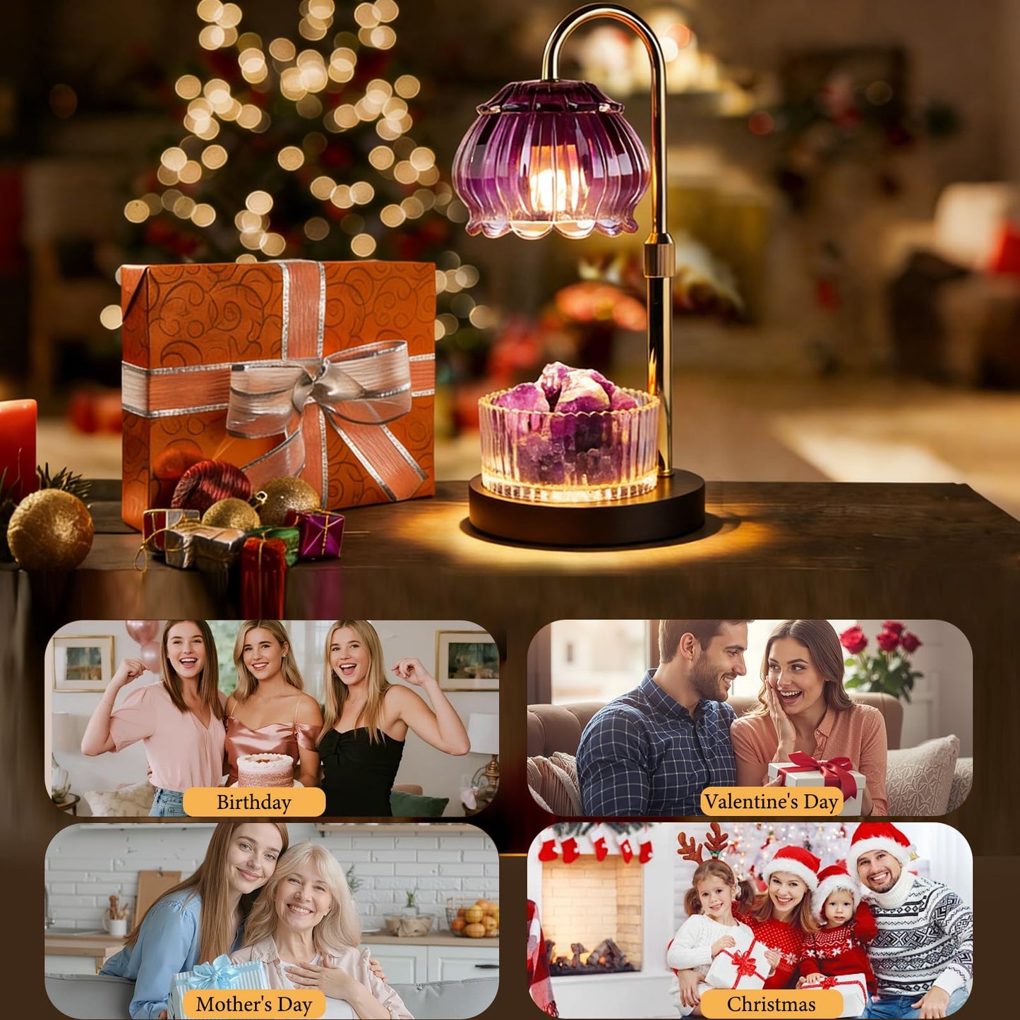 Candle Warmer Lamp with Dimmer & Timer, Adjustable Brightness & Temperature, 2/4/6H Timed, Natural Amethyst Crystals Essential Oil Diffuser & Melting Lamp for Scented Wax Melts, Home Decorative Gift