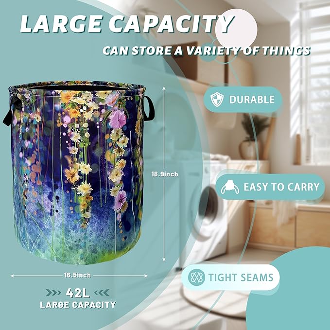 Beautiful Blue Green Floral Laundry Basket Foldable