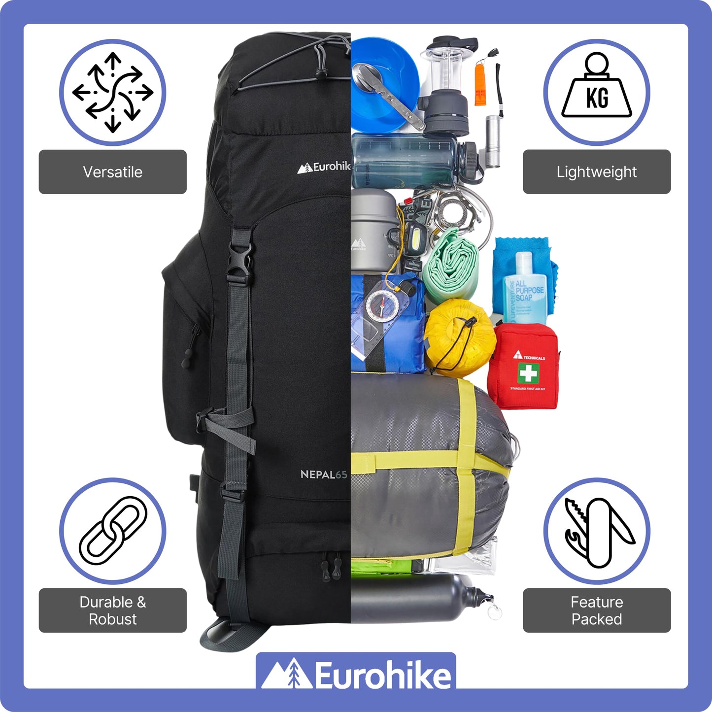 Eurohike Nepal 65 Litre Rucksack with Ventilated Back Panel & Padded Harness, 65L Backpack, Bag for Men & Women, Adjustable, Lightweight, Camping, Hiking, Trekking, Travelling, Outdoors, Black