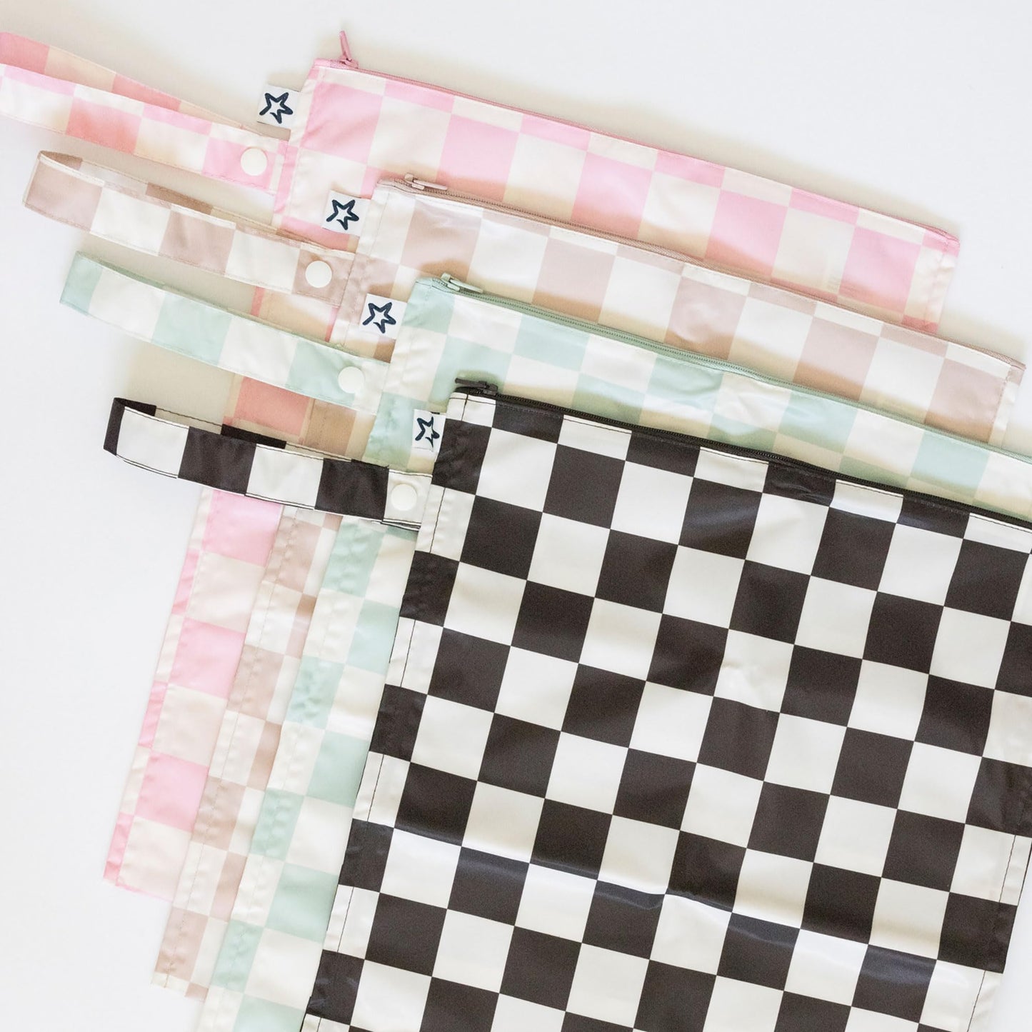 Tiny Twinkle Mess-Proof Waterproof Wet Dry Bag | 2-Pack Reusable Wet Bags for Swimsuits & Baby Clothes | Leakproof Wet Bag for Travel & Diaper Changes for Baby (Black, Green Checkers)