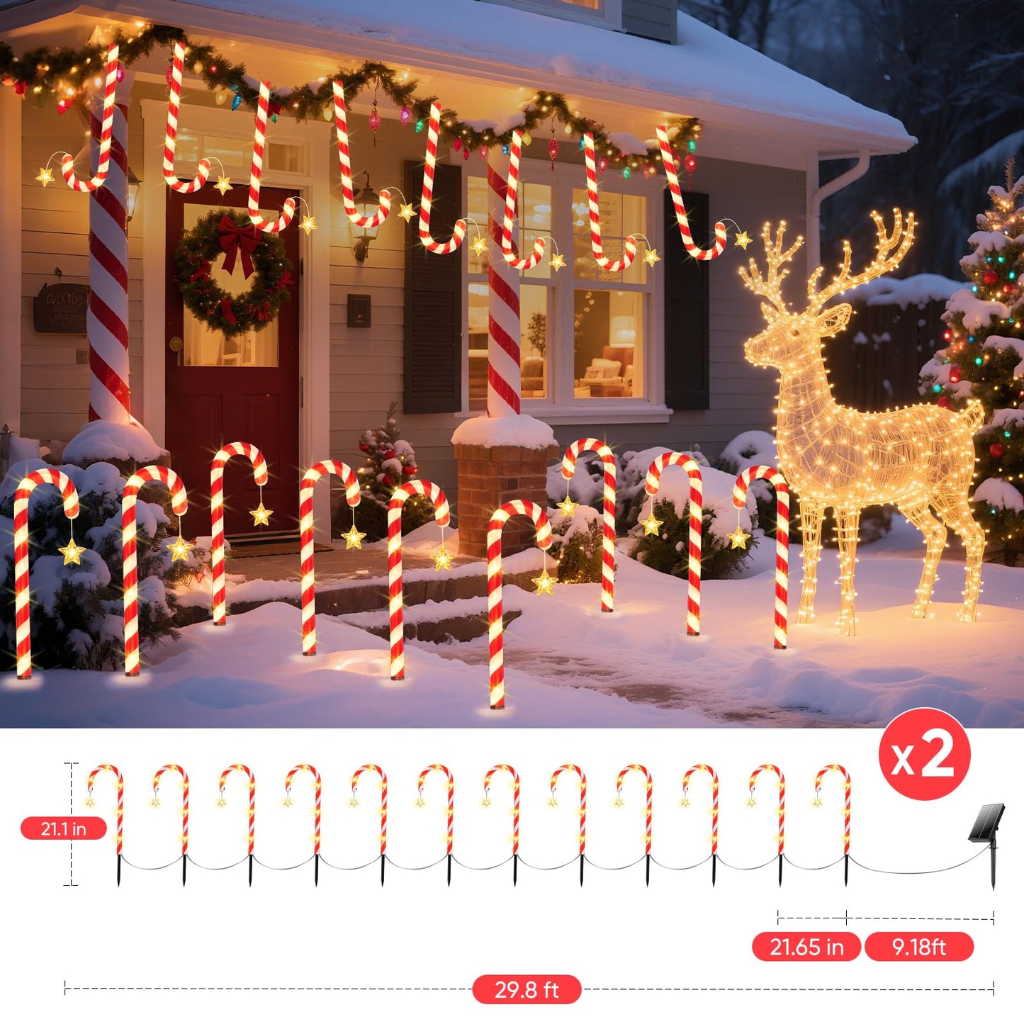 BOMIER Solar Christmas Lights Outdoor Waterproof: 24-Pack Solar Candy Cane Christmas Decorations Outdoor Pathway Lights with Stakes 10 Modes, 144 LED Xmas Decorations for Yard Garden Holiday Decor