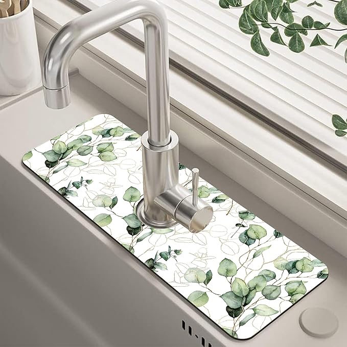 Watercolor Gold Eucalyptus Branch Dish Drying Mat