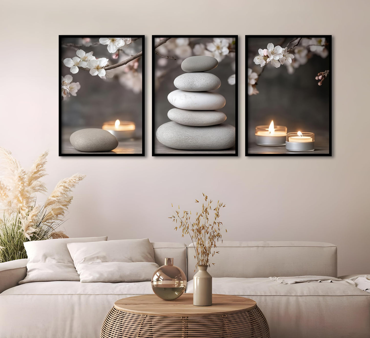ZHJIOFXG 3 Piece Zen Canvas Wall Art Stacked Stones Cherry Blossom Candle Spa Wall Decor Calming Minimalist Neutral Poster Print Art for Bathroom Bedroom Yoga Room Office Living Room 16x24in Unframed