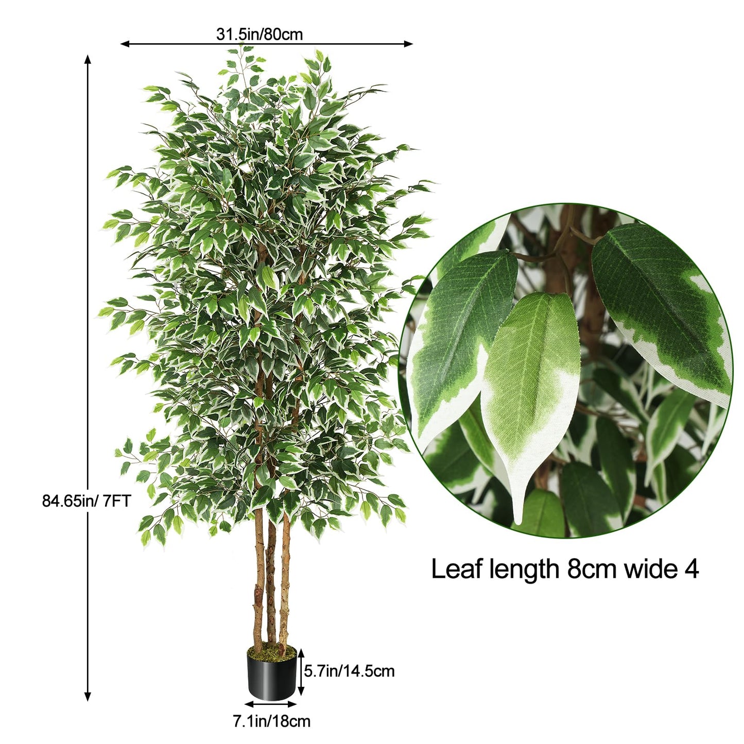 GTIDEA 7ft Ficus Artificial Trees, Tall Faux Trees Indoor with Natural Trunk and Fake Silk Tree Fake Plants for Home Decor Living Room Outdoor Balcony House Office (Included Dried Moss)