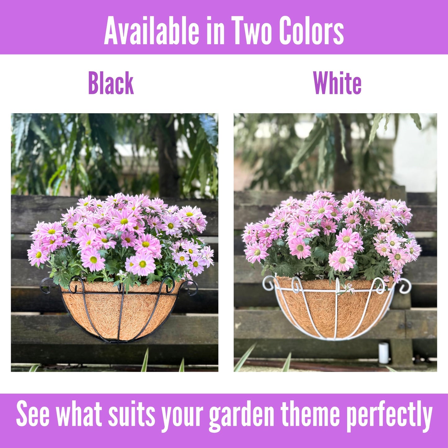Shoplala Wall Planters Outdoor Plants (2 Pack, 10 Inch) White Metal Wall Mounted Flower Basket with Coco Liner, Balcony Planters Railing Hanging Fence Planter Wire Deck Porch Patio Modern Garden Decor