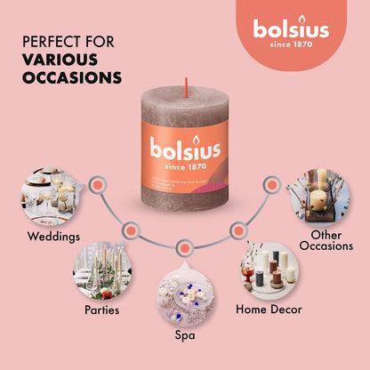 BOLSIUS 4 Pack Taupe Rustic Pillar Candles - 2.75 X 3.25 Inches - Premium European Quality - Includes Natural Plant-Based Wax - Unscented Dripless Smokeless 35 Hour Party and Wedding Candles