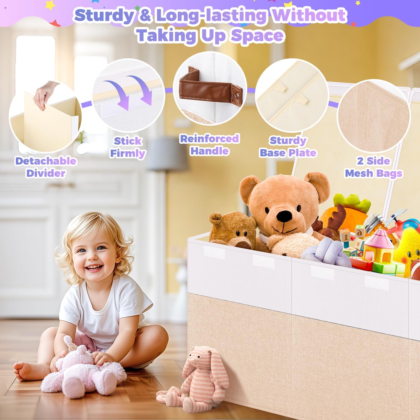 Extra Large Toy Storage Box with Lid, Collapsible Sturdy Toy Chest Storage Organizer Bin Basket with Divider for Kids, Boys, Girls, Closet, Playroom, Bedroom, Nursery, 40"X14"X16", Beige & White
