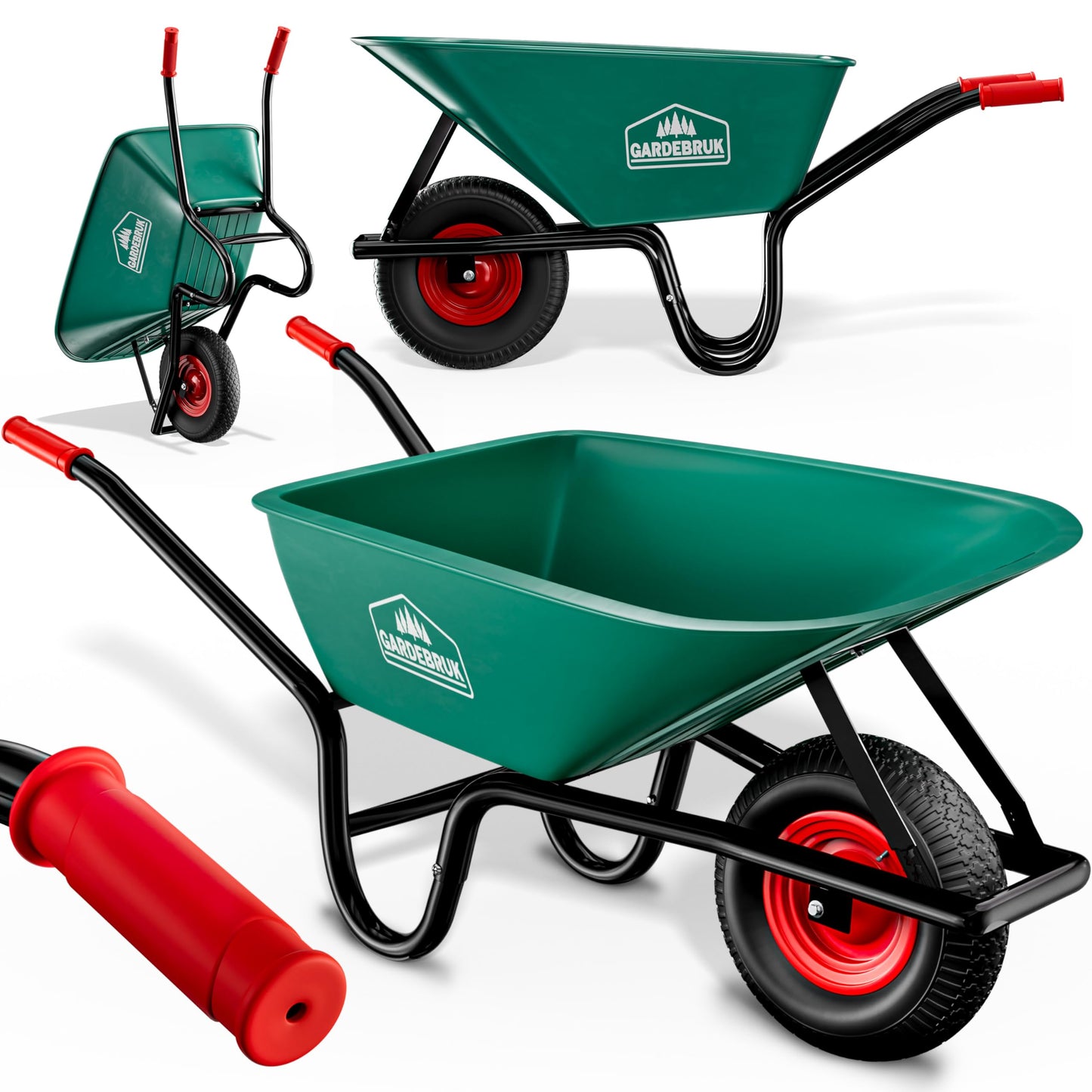 GARDEBRUK® Heavy Duty Garden Wheelbarrow | 100L 250KG | Pneumatic Tyre | Steel Rim | Impact-Resistant Polypropylene Tub | Strong Large Transport Trolley Handcart Wheel Barrow | Green & Black