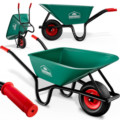 GARDEBRUK® Heavy Duty Garden Wheelbarrow | 100L 250KG | Pneumatic Tyre | Steel Rim | Impact-Resistant Polypropylene Tub | Strong Large Transport Trolley Handcart Wheel Barrow | Green & Black