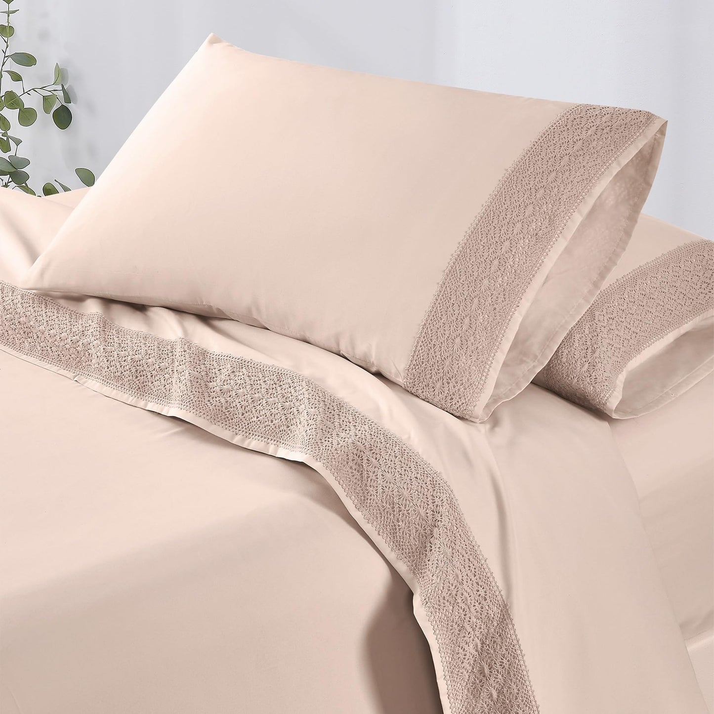 Modern Threads 3 Piece Microfiber Sheet Set – Soft Cooling Bed Sheets with Crochet Lace – Deep Pocket, Wrinkle Free, Breathable, Hotel Luxury Bedding, Blush Pink, Twin
