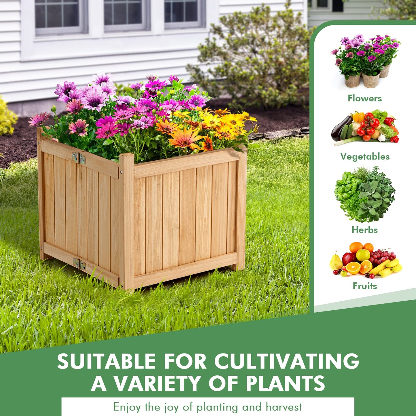 S AFSTAR Outdoor Wooden Planter Box, Folding Raised Garden Bed W/Drainage Hole, Patio Square Plant Container for Flowers, Vegetables, Fruits, Herbs, Collapsible Planting Box for Yard, 15" x 15" x 14"