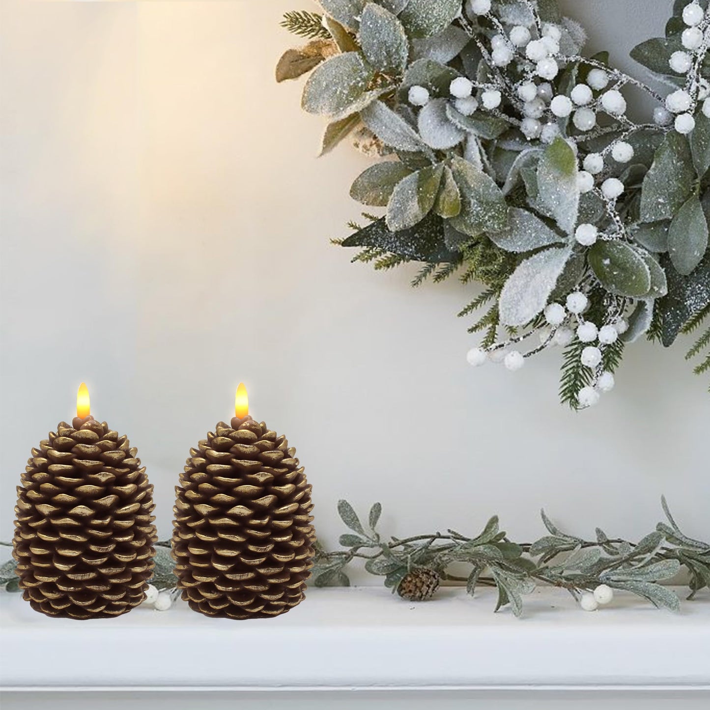 CVHOMEDECO. Pine Cone Candles Battery Operated Pinecones with Remote and Timer, Pine Cones Candle LED Flameless Flickering Candles for Fall, Christmas Decor. Golden-Brown, H 5.5 Inch, Pack of 2