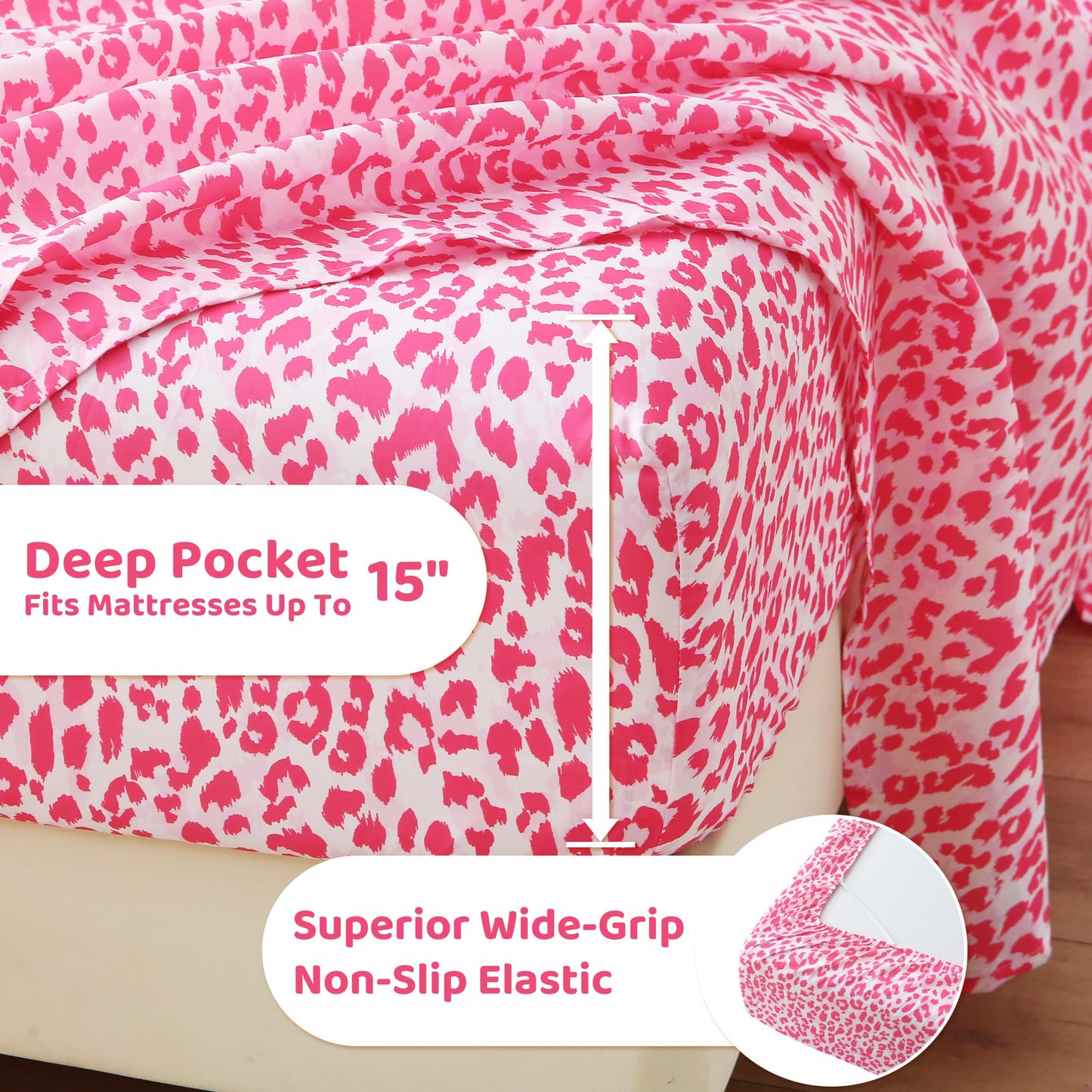 Mooreeke Leopard Cheetah Printed Queen Bed Sheets, Soft Microfiber Bedding Sheets & Pillowcases, Deep Pocket Non-Slip Fitted Queen Sheet, Pink Animal Pattern Bedsheets