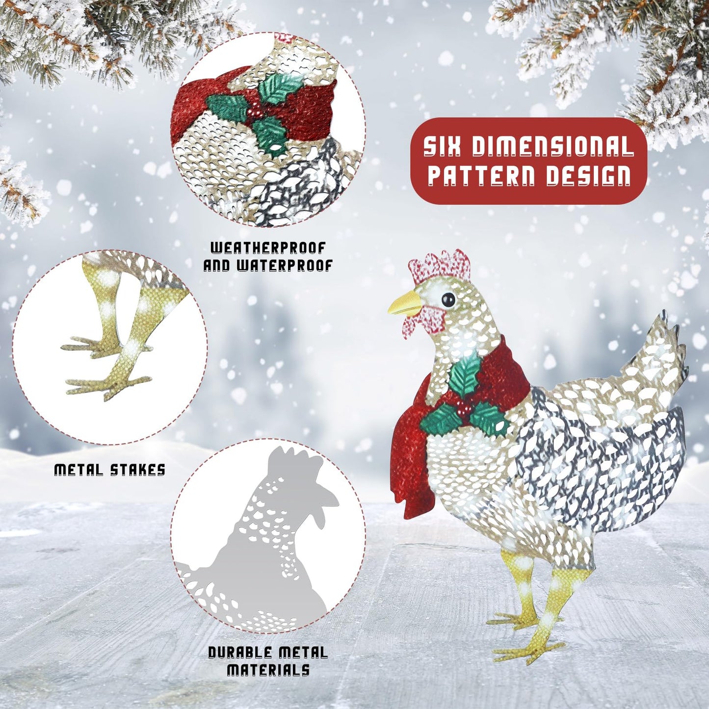 Shellwei 2 Pcs Light up Chicken with Scarf Christmas Decoration Metal Chicken Ornaments with 60 LED Lights Christmas Rooster with Stakes for Xmas Yard Garden Patio Lawn Outdoor Decor