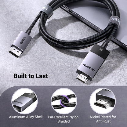 UGREEN Uni-Directional DisplayPort to HDMI Cable Braided 8K@60Hz, 4K@120Hz, 2K@240Hz DP 1.4 to HDMI 2.1 Male to Male Support 3D/HDCP 2.3/Active HDR Multi-Screen for Monitor Projector Laptop (2M)