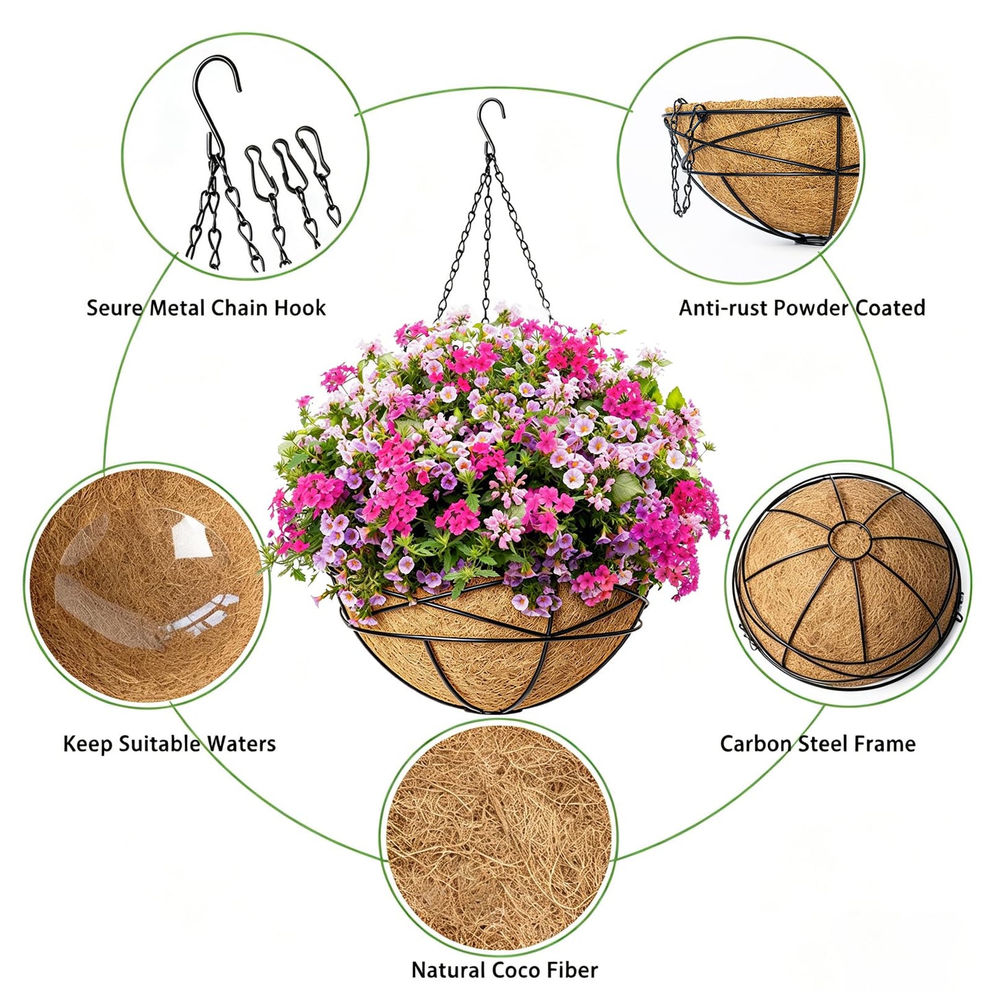 Karlliu 4 Pack 14 Inch Hanging Baskets for Plants Outdoor Large Flower Planters with Coco Liner for Outside Panting Watering Plant Pot Holder for Home Garden Porch Balcony Railings Decor