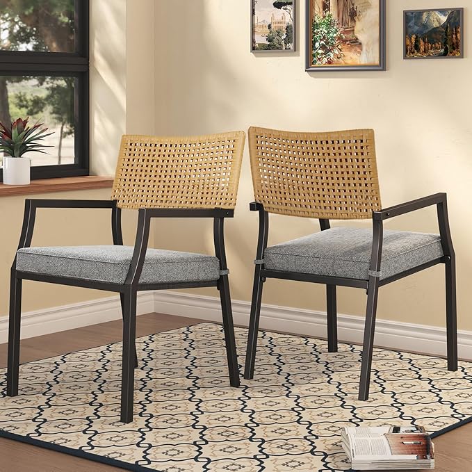 Grand patio Outdoor Dining Chair Set of 4, 4 Pieces Patio Dining Chairs, Stackable Wicker Chairs Set with Cushions Armrest for Restaurant, Outdoor, Garden, Porch, Lawn and Poolside