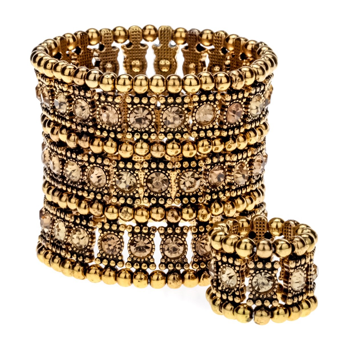YACQ Women's Stretch Cuff Bracelet Ring Set - Fit Wrist Size 6-1/2 to 7-1/2 Inch & Finger 6-1/2 to 9 - Bracelet 2 Inch Wide - Lead & Nickle Free (Gold Bracelet Ring Set)