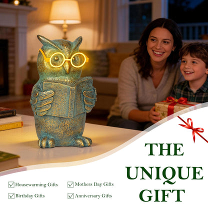 zuzuzen Reading Owl Statue with Solar Glasses Bronze Resin Garden Decoration Outdoor Figurine Light for Patio, Yard, Lawn, Housewarming Home Decor Gift for Women