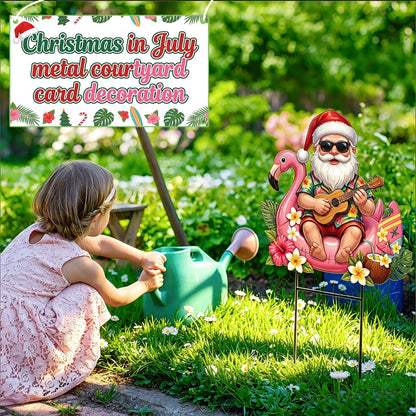 Amyhill July Christmas Outdoor Decor Summer Christmas Metal Yard Sign with Stake Tropical Flamingo Santa Claus Decorative Lawn Sign for Indoor Outside Garden Pathway Walkway Holiday Hawaii Party Decor
