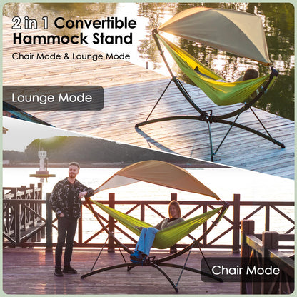 Portable Hammock with Quick Setup Folding Stand & Adjustable Sunshade Canopy & Storage Bag - Adult/Child Hammock Chair - Heavy Duty Hammock for Camping Home Garden Hotel Outside Beach Forest Grasslan